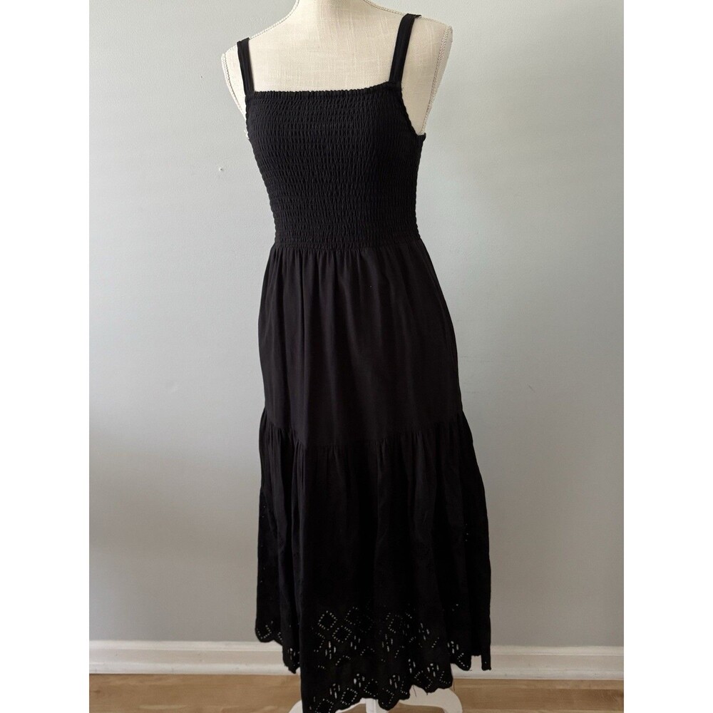 EVEREVE Black Chandler‎ Smocked Eyelet Cotton Midi Dress Women's Size Small - Picture 2 of 11